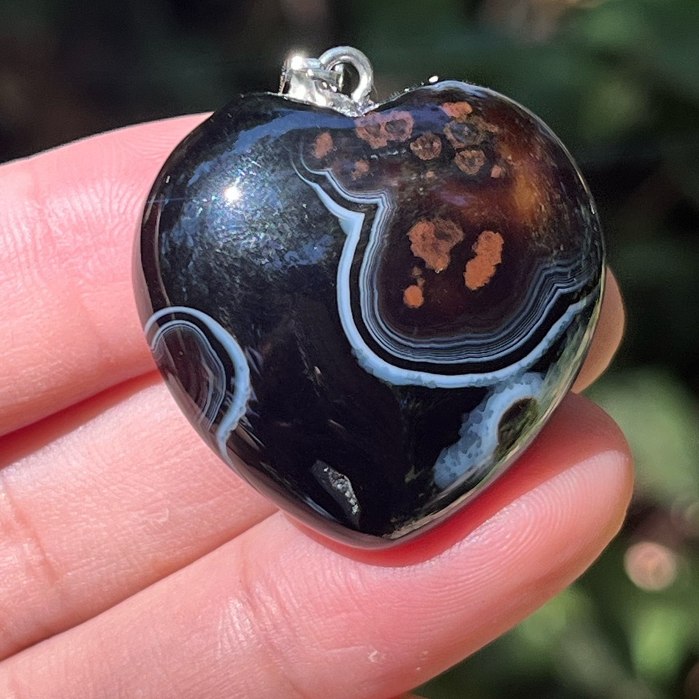 Stainless steel black banded agate heart pendant 2427